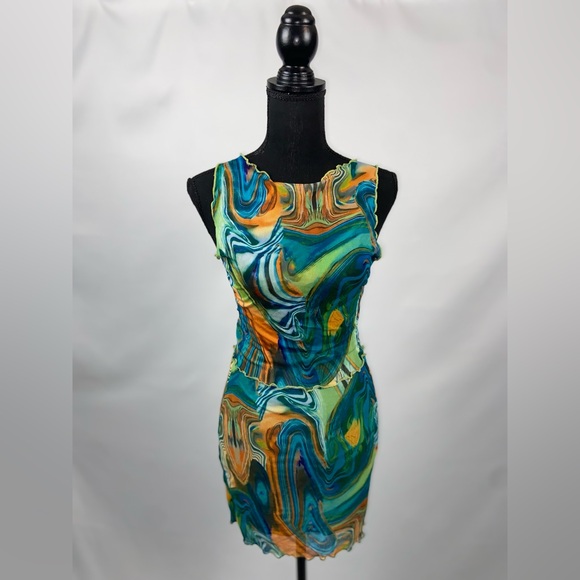 Matching Set Dress Multicolor Marble Print Mesh Dress Lettuce Trim SHEIN - Picture 3 of 11